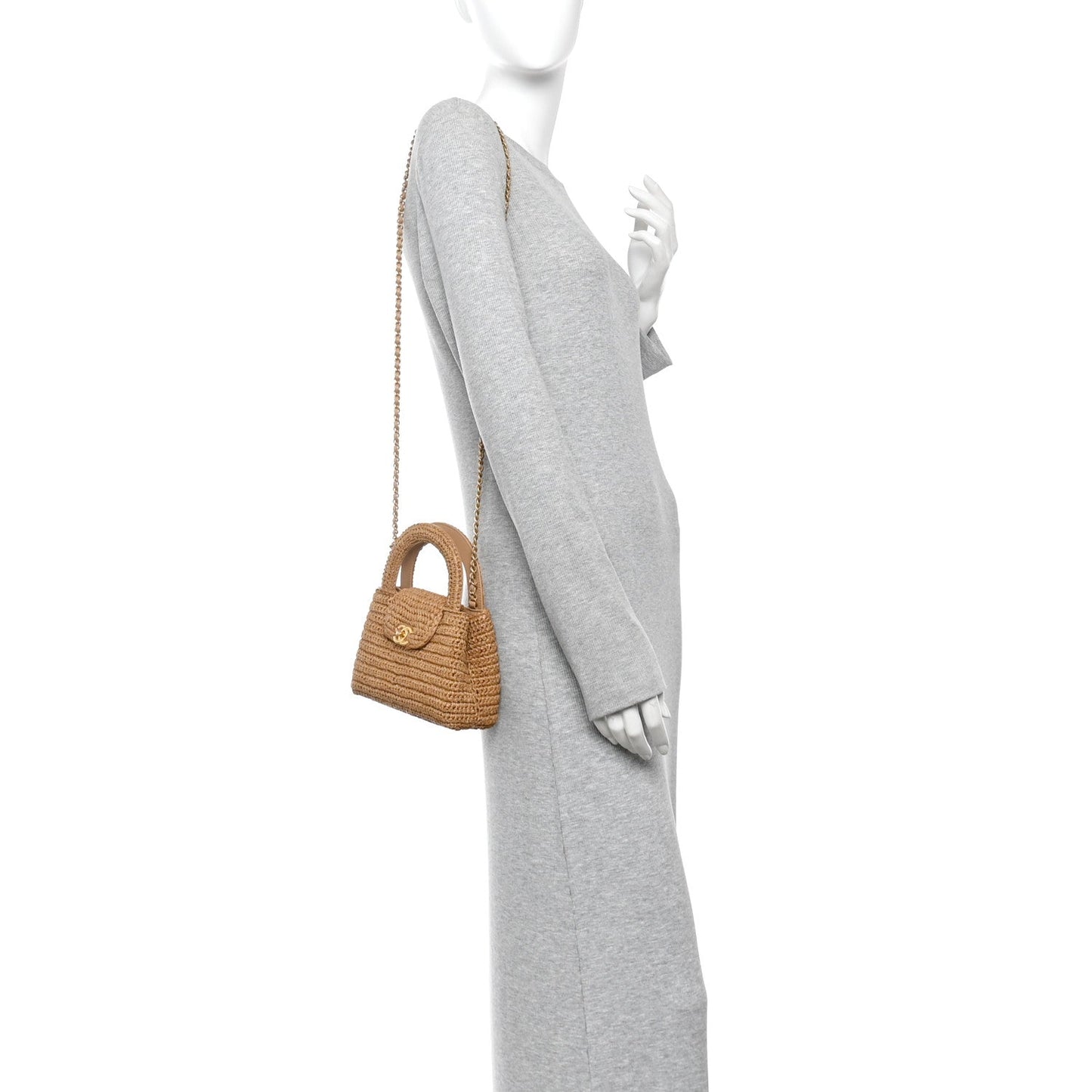 Braided Raffia Nano Kelly Flap Bag Dark Beige