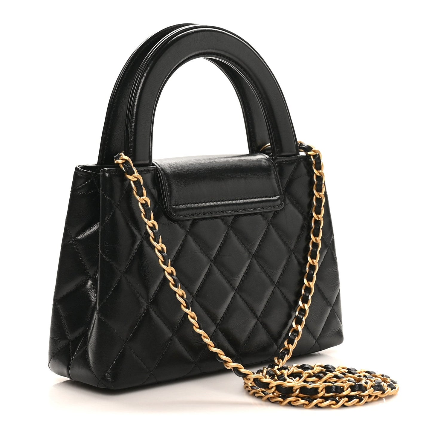 Shiny Aged Calfskin Quilted Nano Kelly Shopper Black