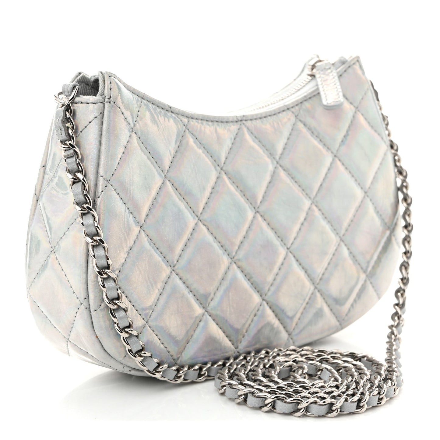 Iridescent Mirror Goatskin Quilted Clutch With Chain Silver