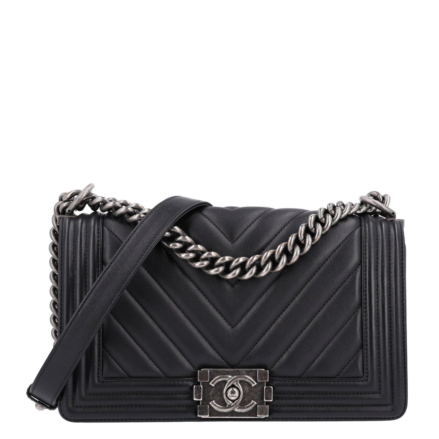 Lambskin Chevron Quilted Medium Boy Flap Black