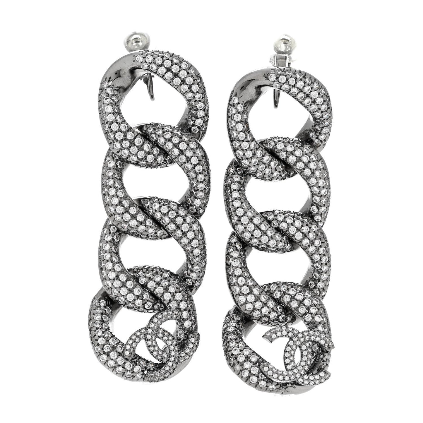 Crystal Chain Link CC Drop Clip On Earrings Black
