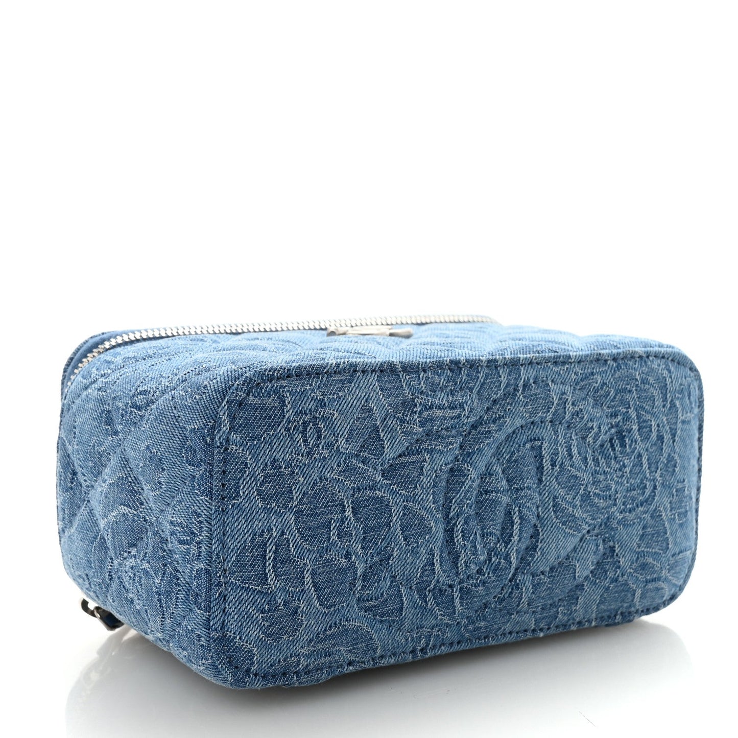Denim Quilted Sweetheart Small Vanity Case With Chain Blue