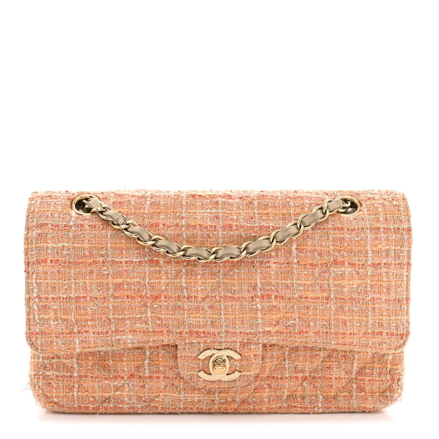 Tweed Quilted Medium Double Flap Orange Beige Multicolor