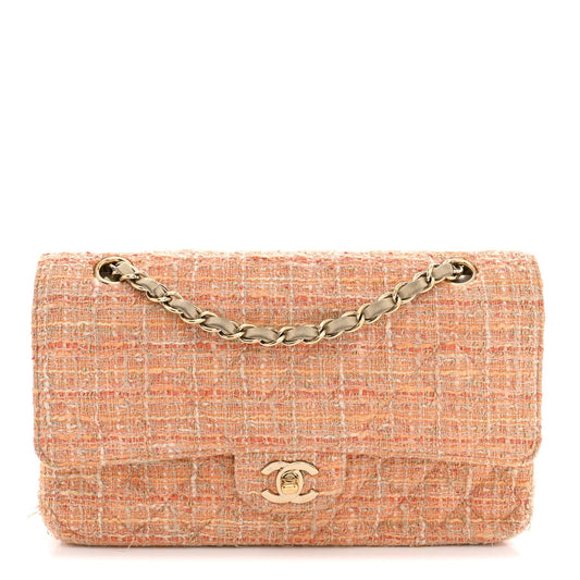 Tweed Quilted Medium Double Flap Orange Beige Multicolor