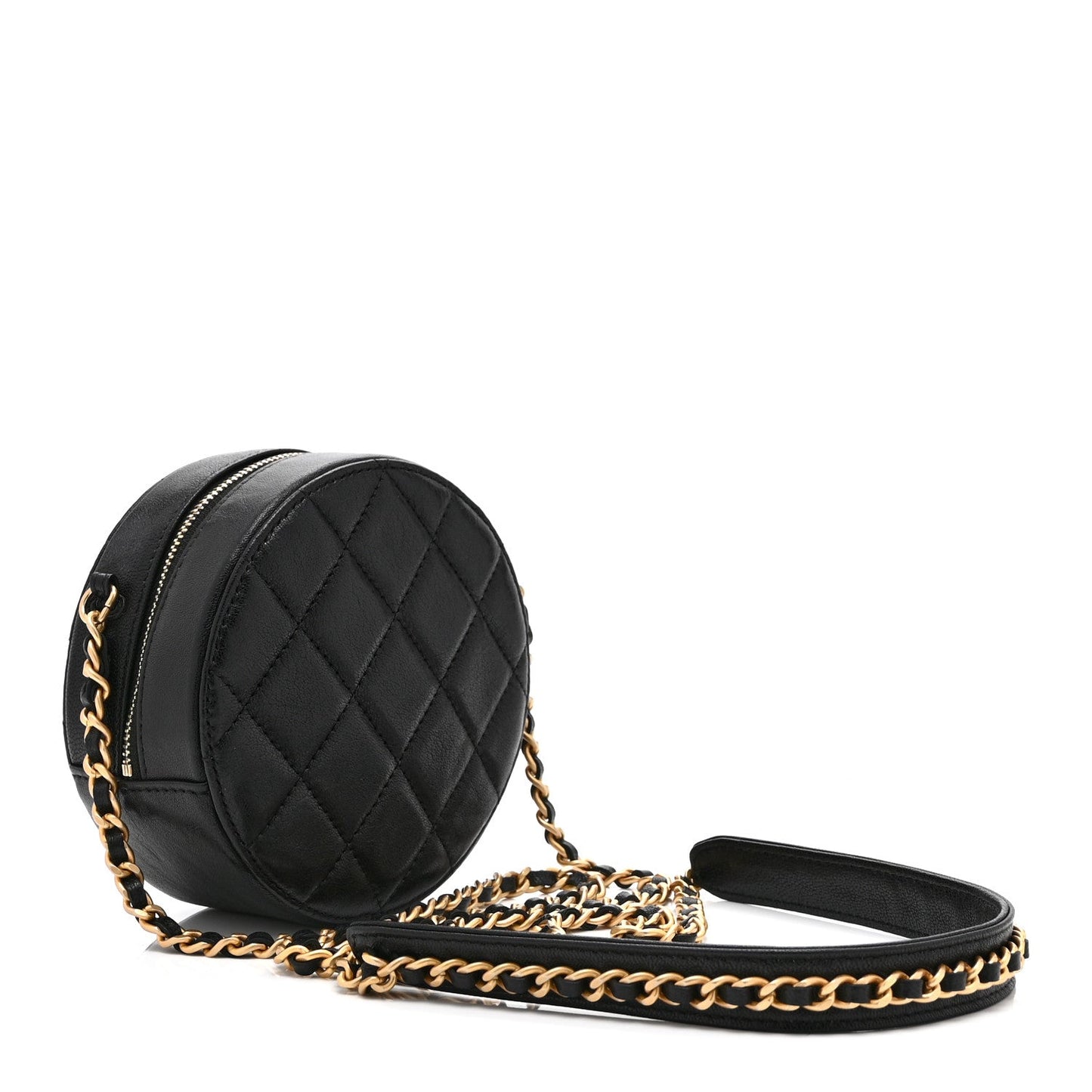 Goatskin Quilted Chanel 19 Round Clutch With Chain Black Black