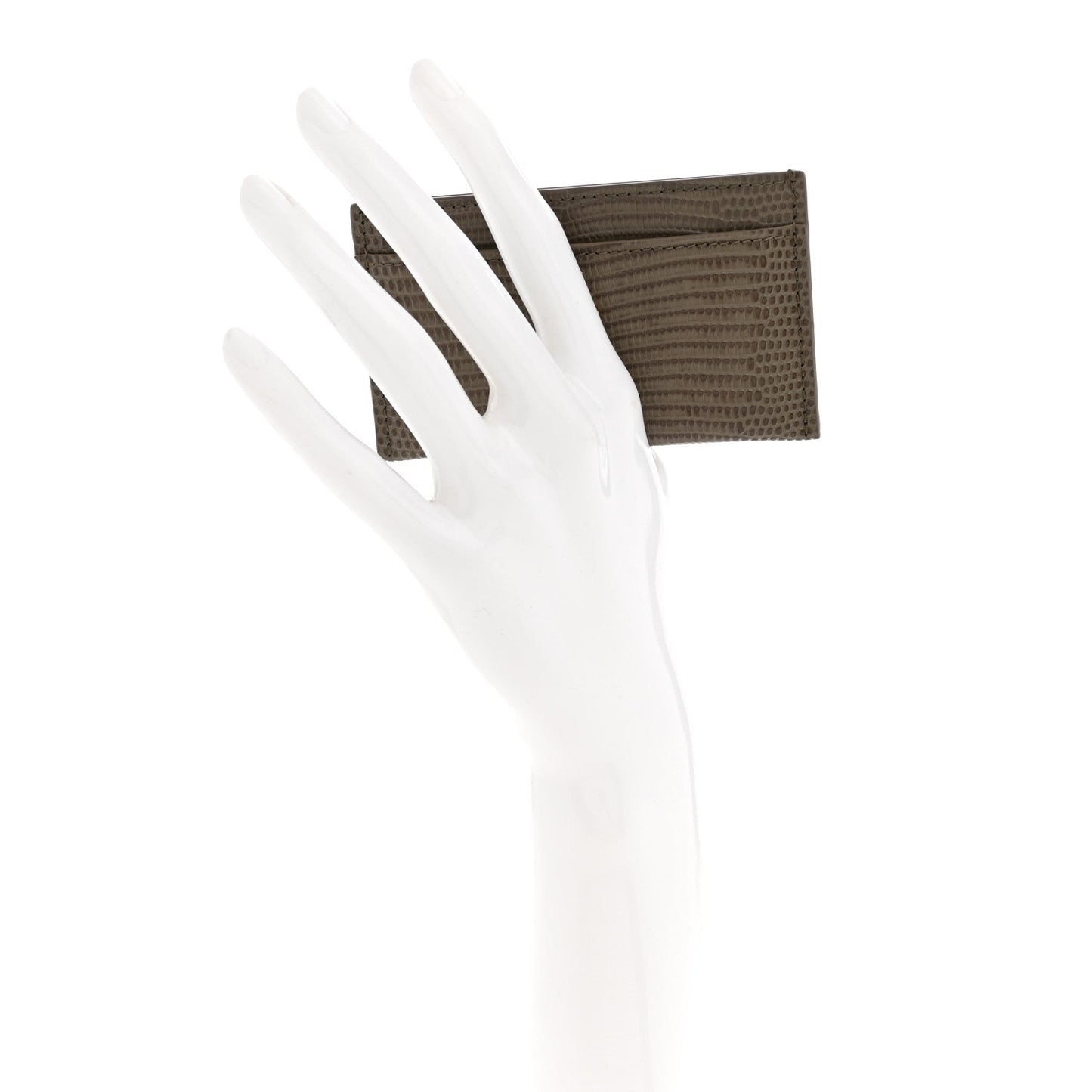 Calfskin Lizard Embossed Card Holder Gold Dark Khaki