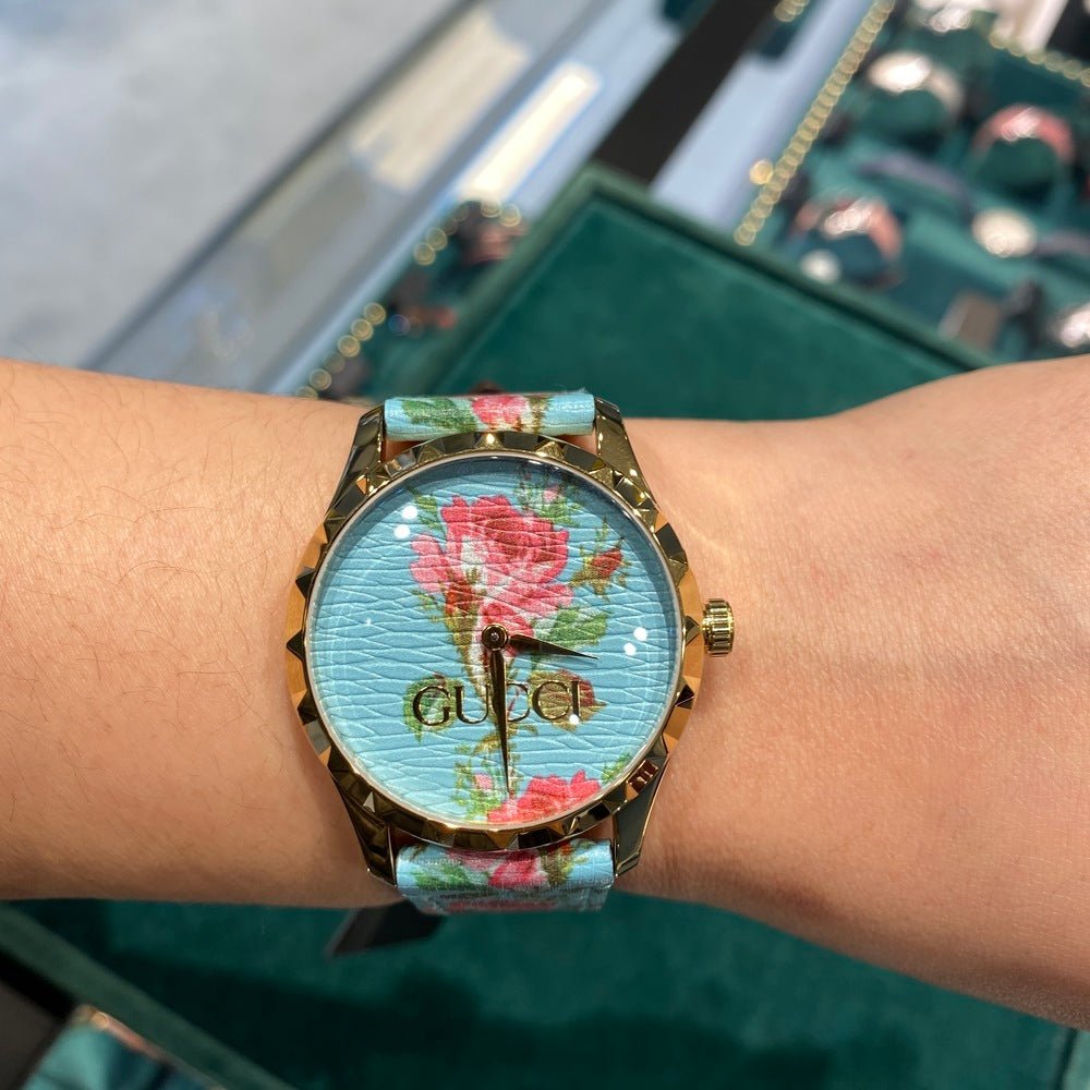 Gucci G Timeless Floral Turquoise Dial Turquoise Leather Strap Watch For Women - YA1264085