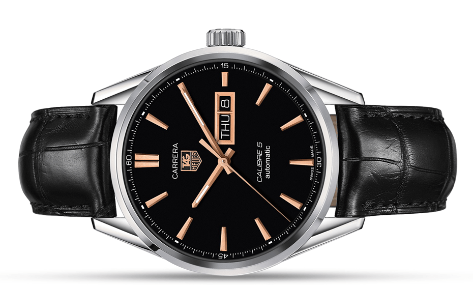 Tag Heuer Carrera Calibre 5 Automatic Black Dial Black Leather Strap Watch for Men - WAR201C.FC6266