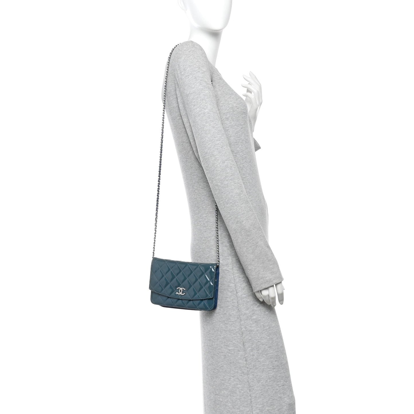 Patent Quilted Brilliant Wallet On Chain WOC Blue