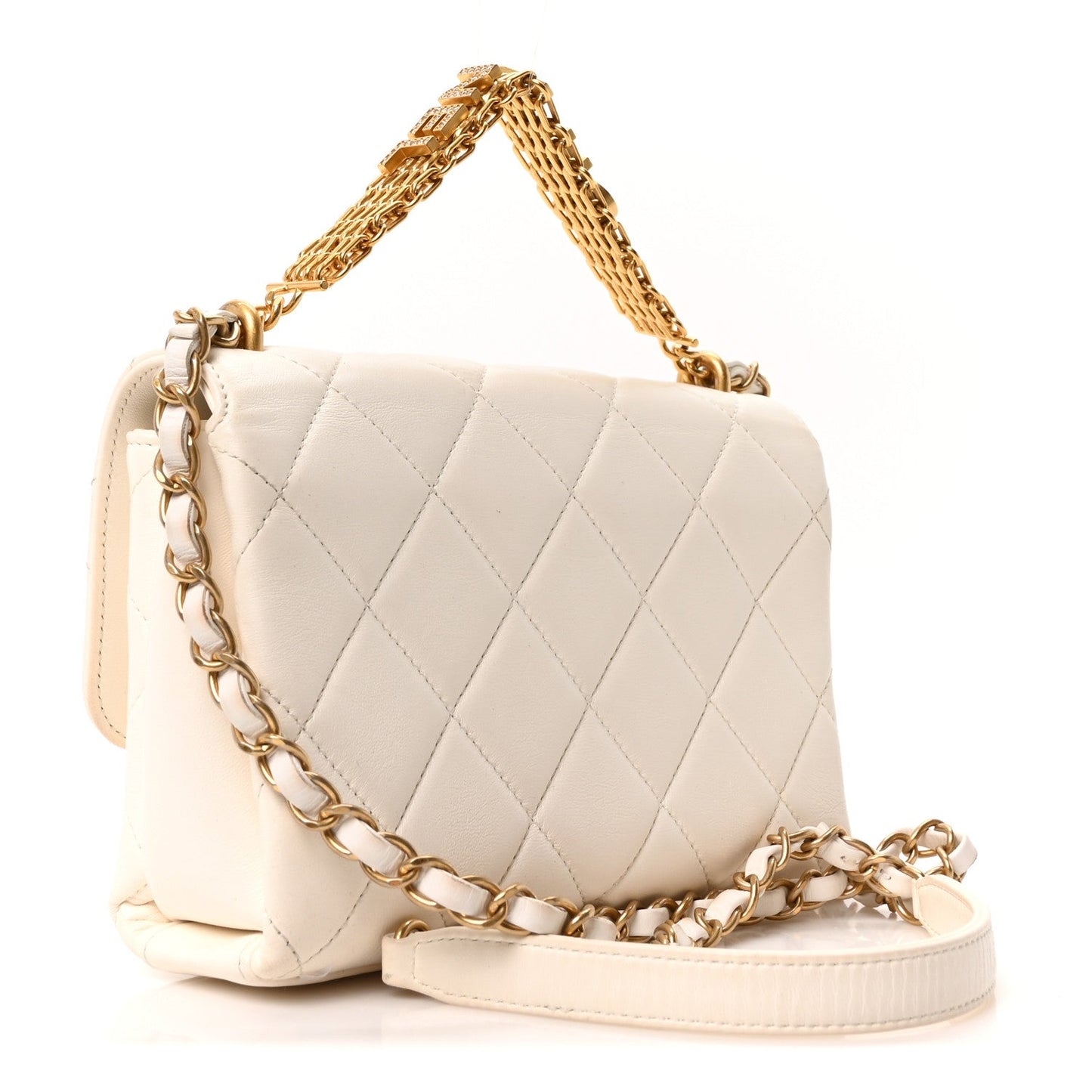 Lambskin Quilted Small CC Crystal Logo Chain Flap White
