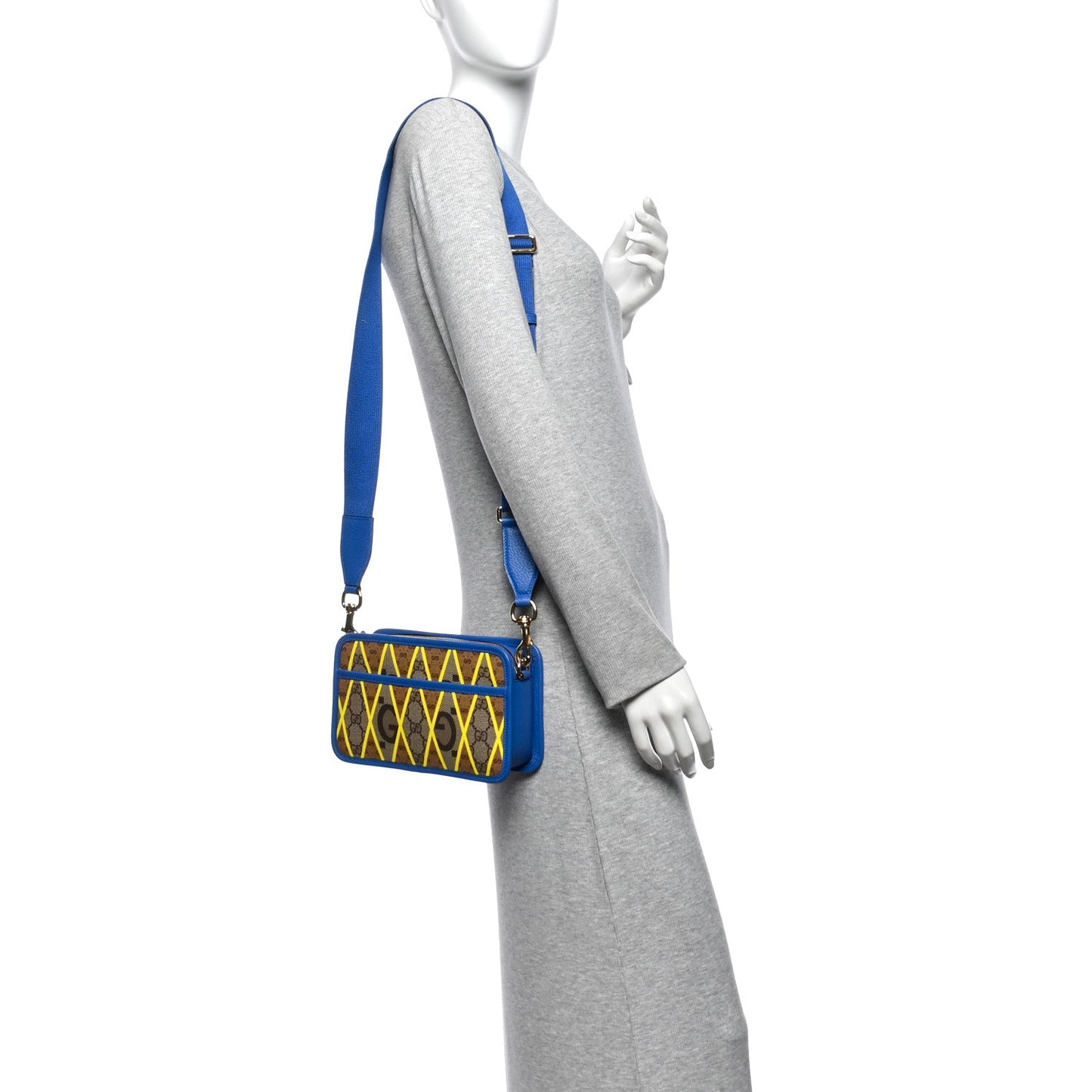GG Supreme Monogram Mix Textured Dollar Calfskin Rhombus Inlay Crossbody Bag Beige Ebony Harvest Joy Blue