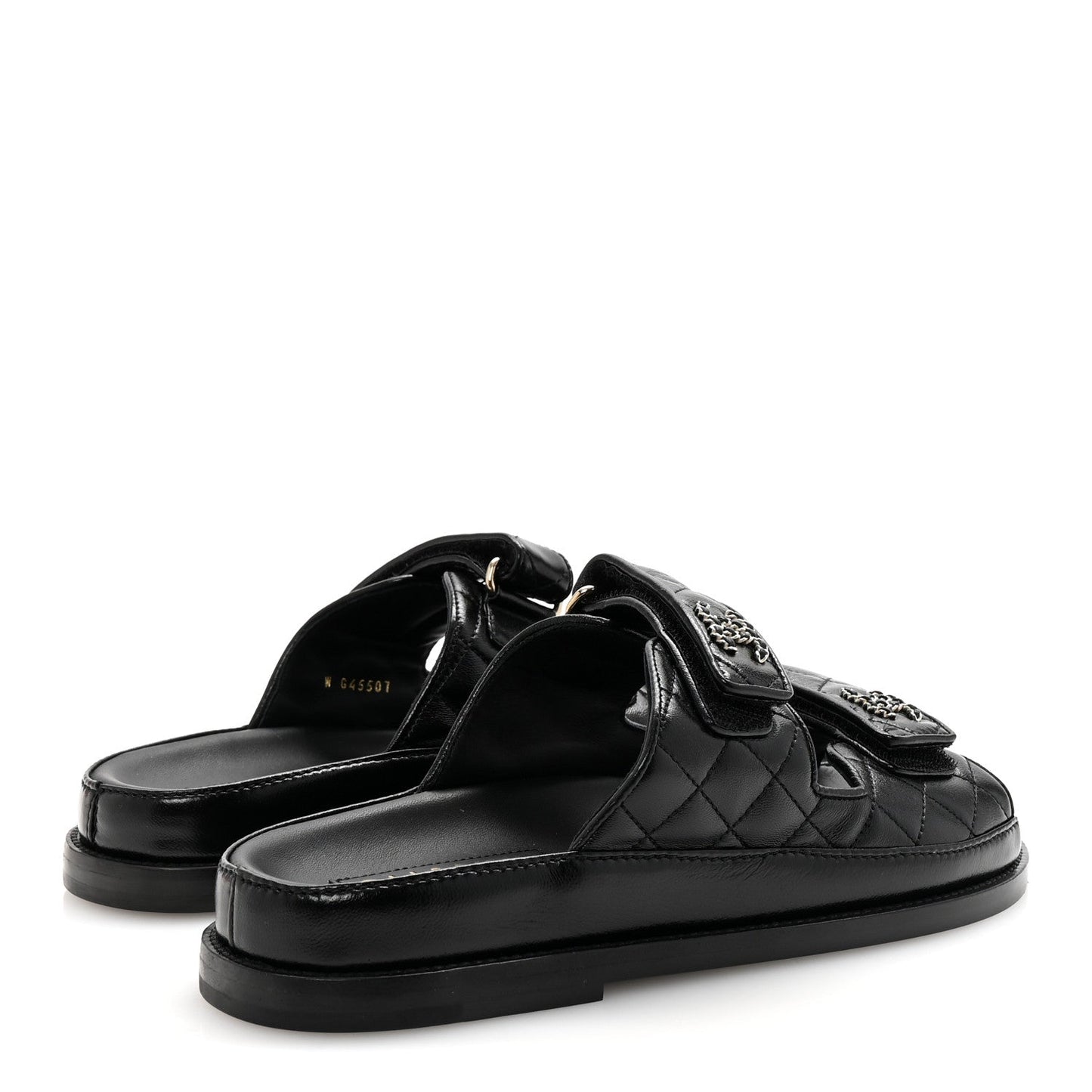 Lambskin Quilted Velcro Dad Chain CC Slide Sandals 38 Black