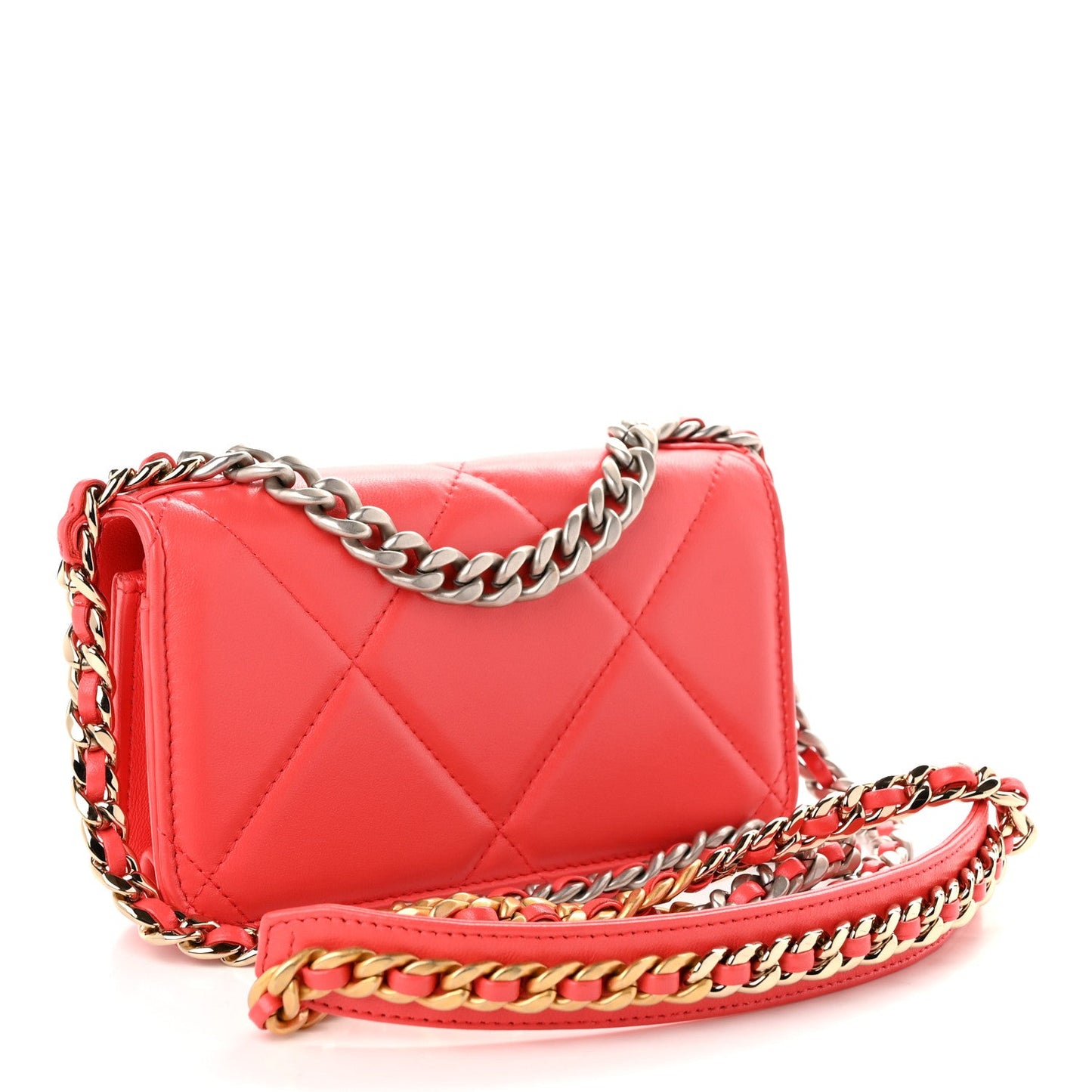 Lambskin Quilted Chanel 19 Flap Phone Holder With Chain Coral