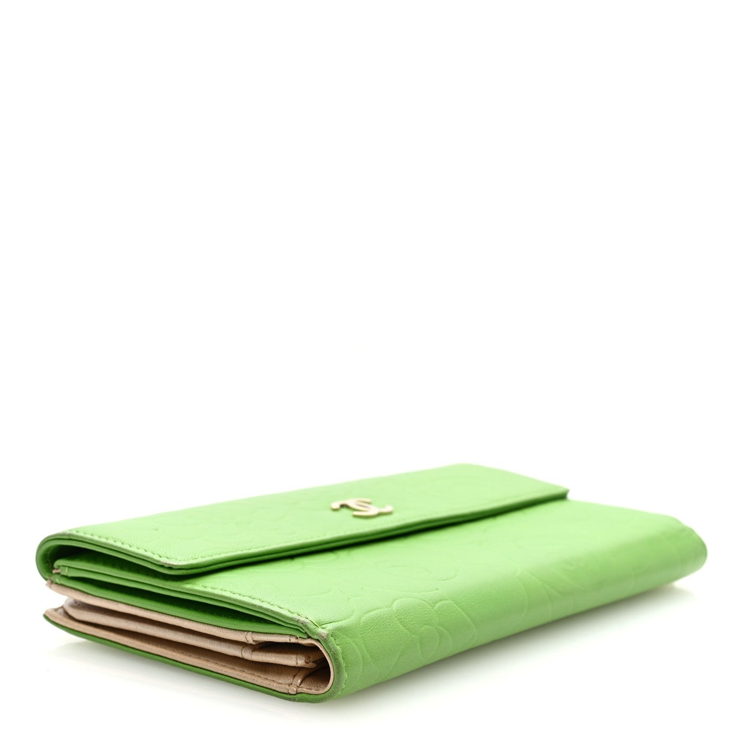 Lambskin Embossed Camellia Large Gusset Flap Wallet Green