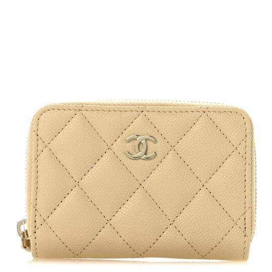 Caviar Quilted Zip Around Coin Purse Beige