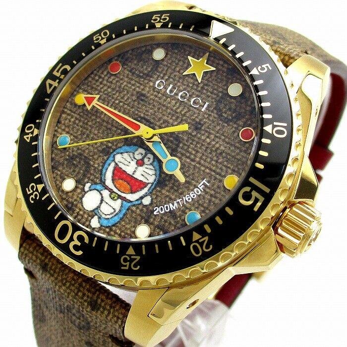 Gucci Dive Doraemon Quartz Brown Dial Brown Leather Strap Watch For Men - YA136335