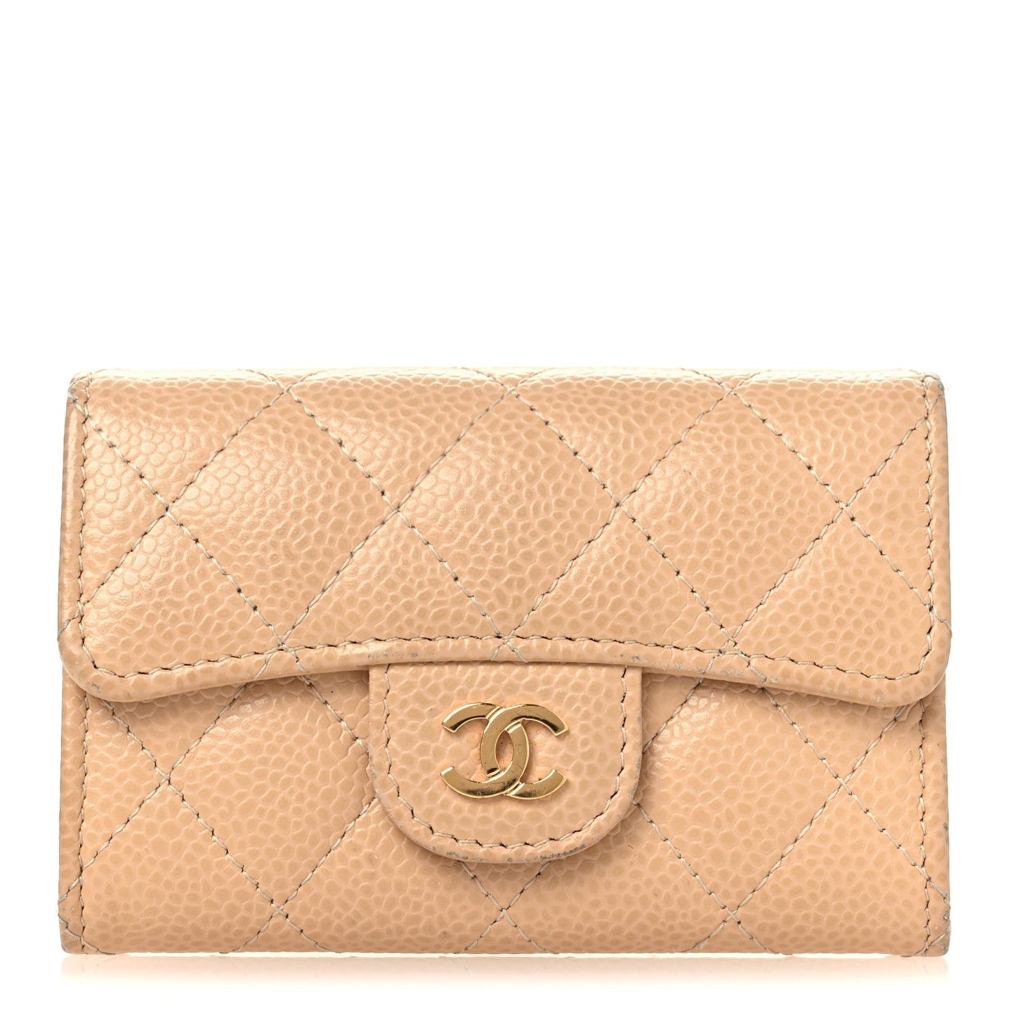 Caviar Quilted Flap Card Holder Wallet Beige