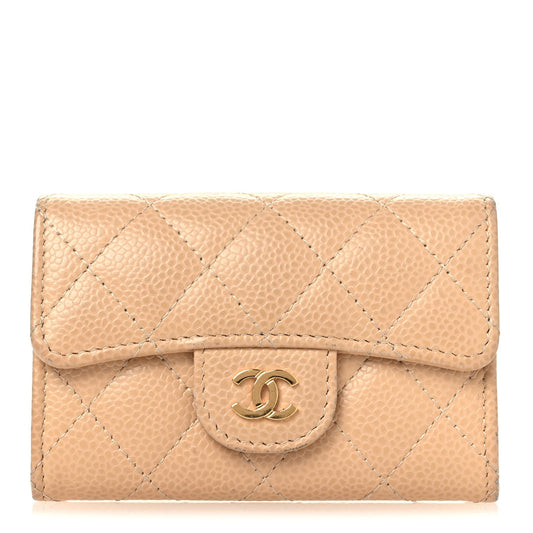 Caviar Quilted Flap Card Holder Wallet Beige