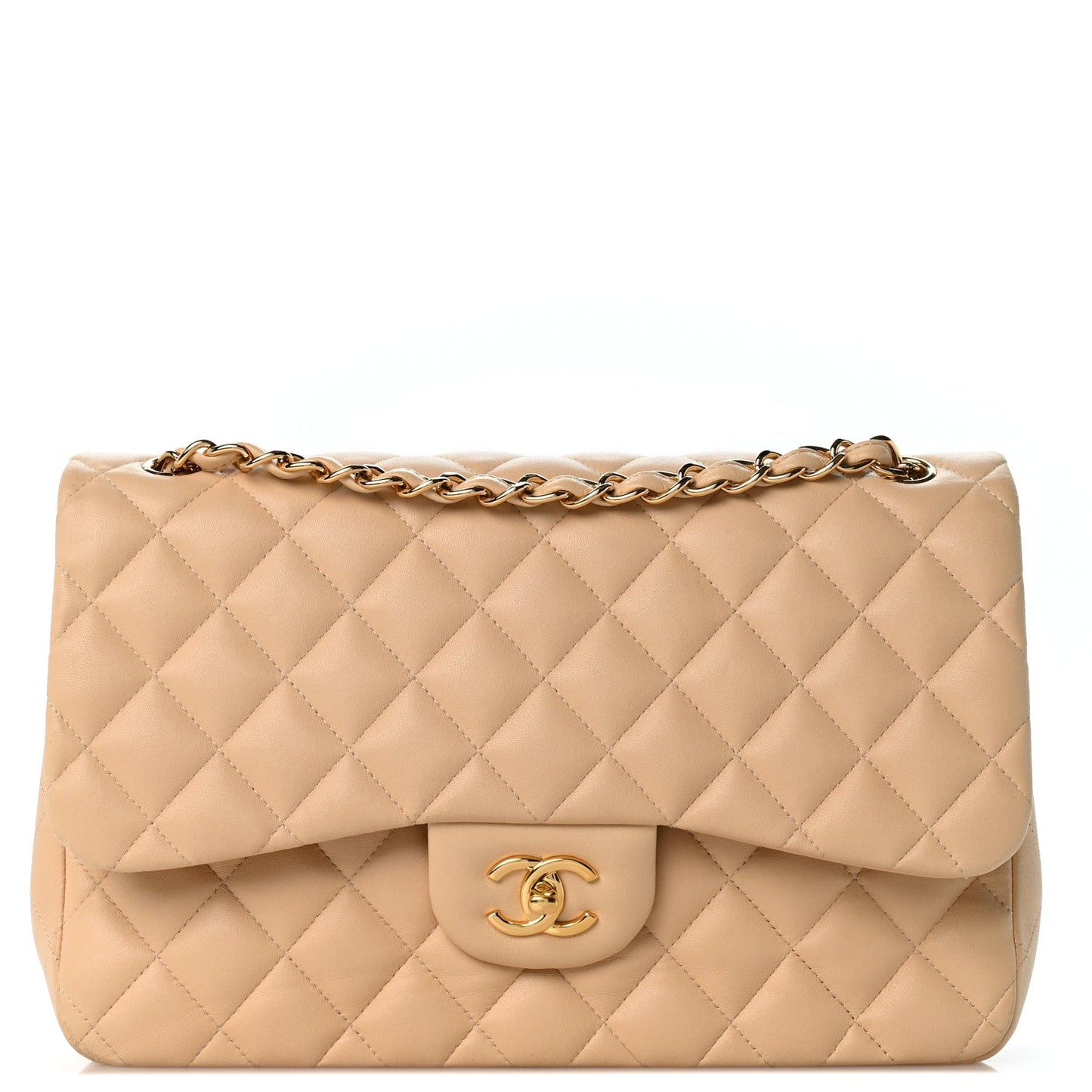 Lambskin Quilted Jumbo Double Flap Light Beige