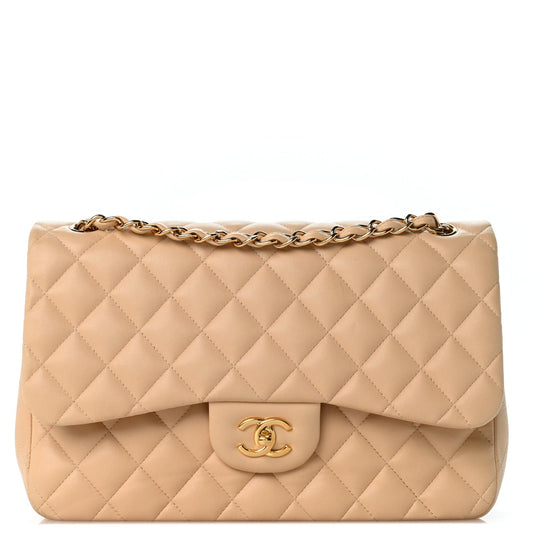 Lambskin Quilted Jumbo Double Flap Light Beige
