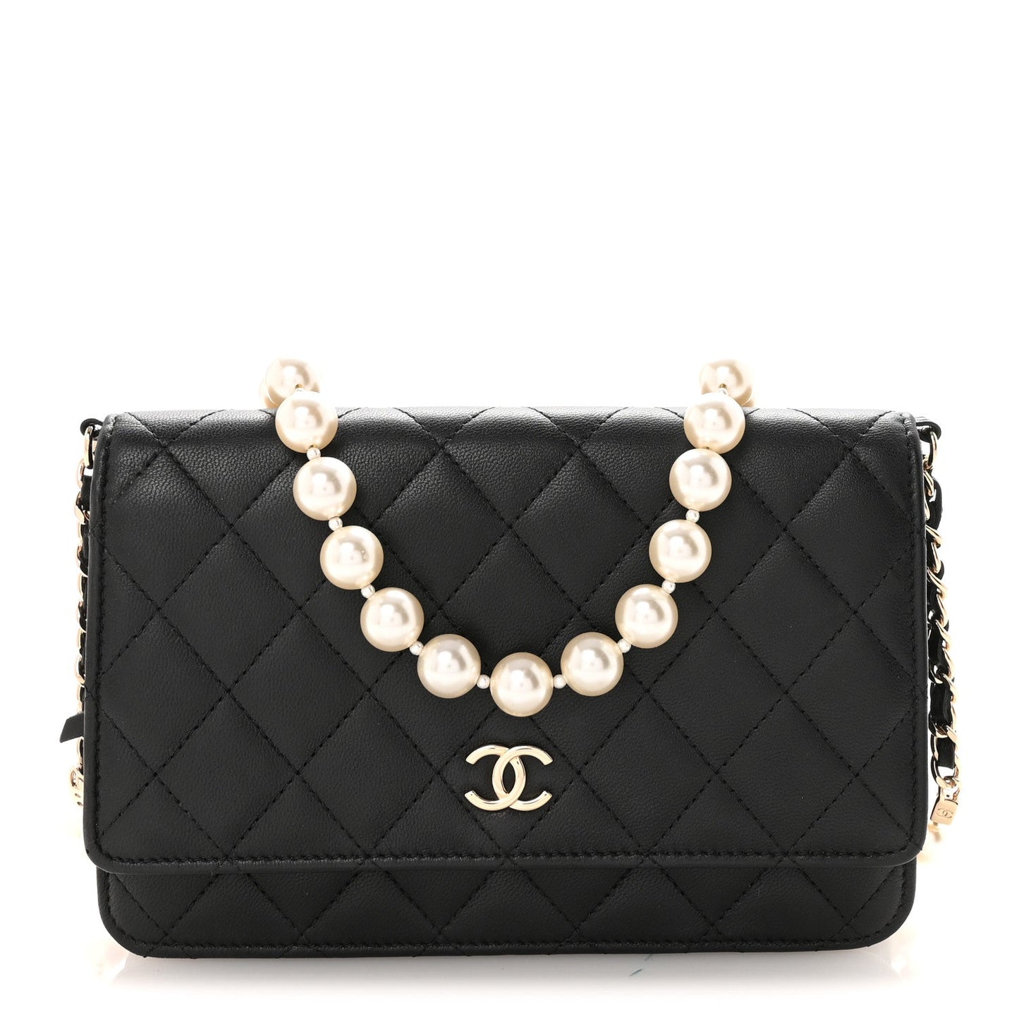 Lambskin Quilted Pearl Wallet On Chain WOC Black