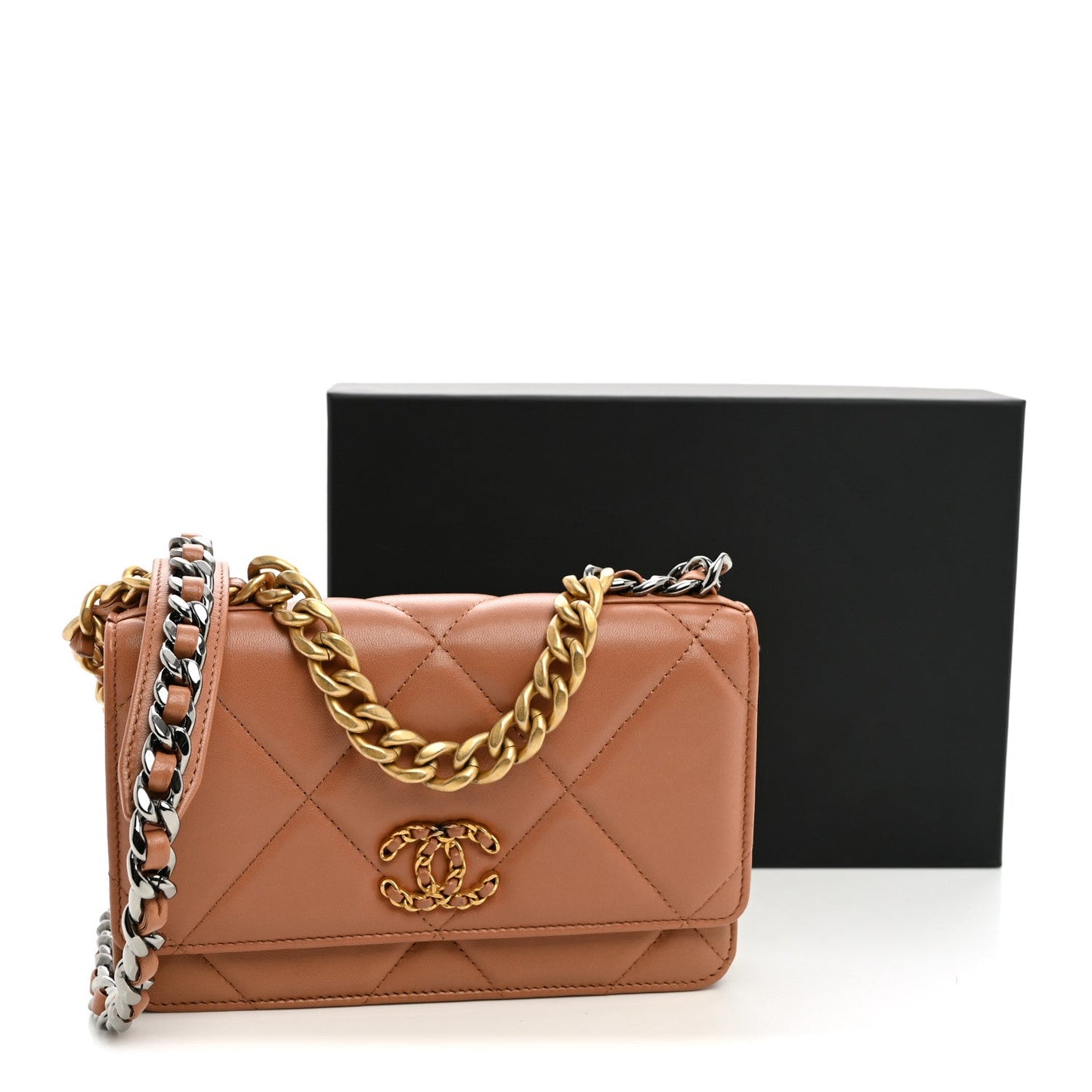 Lambskin Quilted Chanel 19 Wallet On Chain WOC Brown