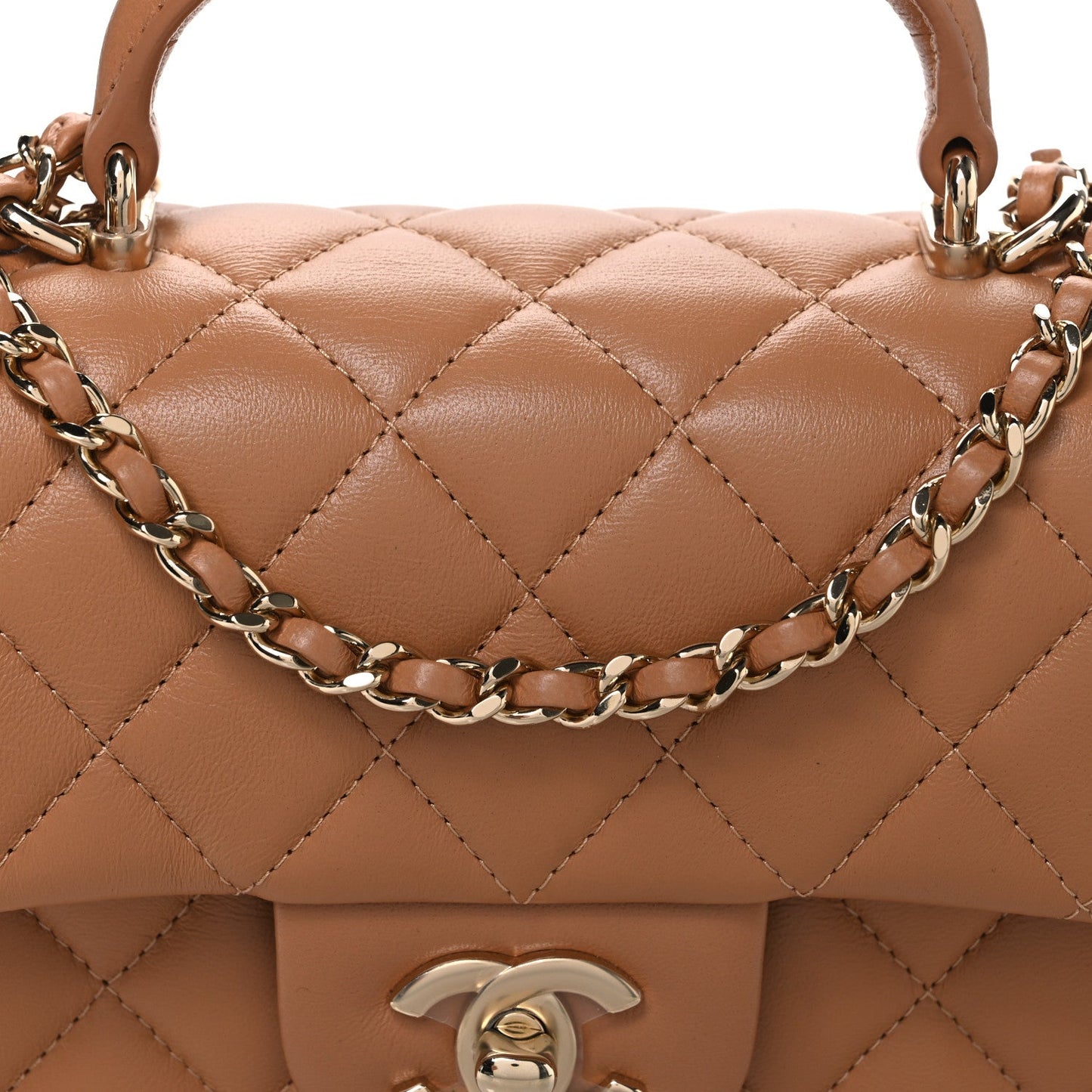 Lambskin Quilted Mini Top Handle Rectangular Flap Dark Beige