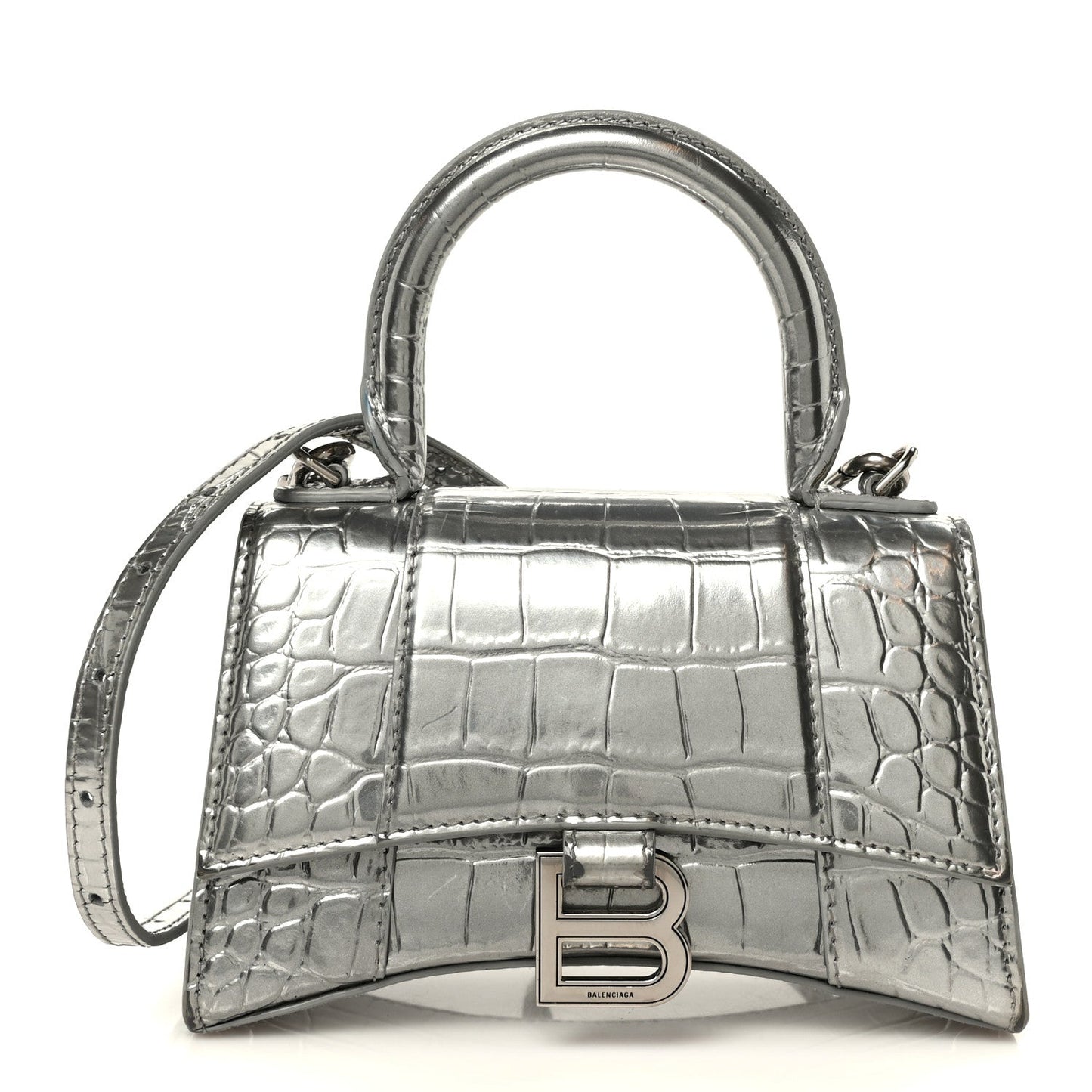 Metallic Calfskin Crocodile Embossed Hourglass Top Handle Bag XS Silver