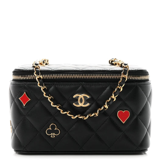 Lambskin Quilted Enamel Coco Casino Small Vanity Case With Chain Black