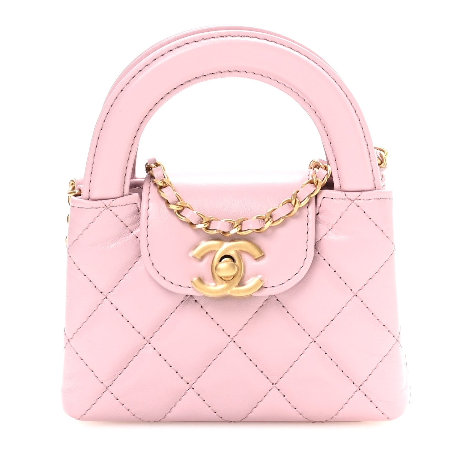 Shiny Aged Calfskin Quilted Mini Nano Kelly Shopper Pink