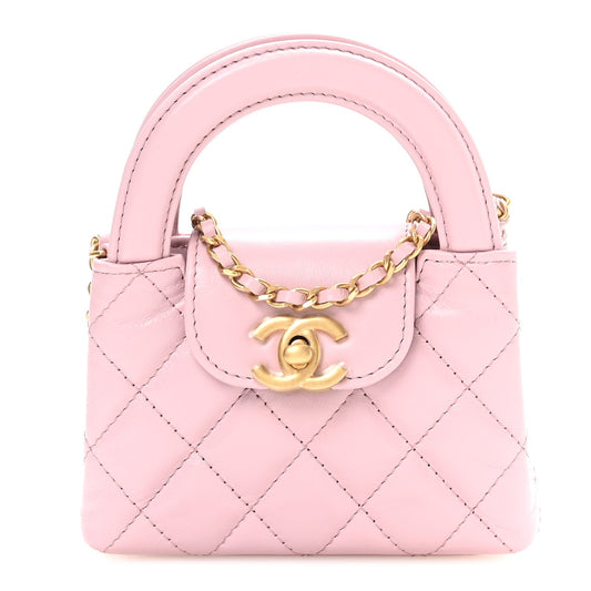 Shiny Aged Calfskin Quilted Mini Nano Kelly Shopper Pink