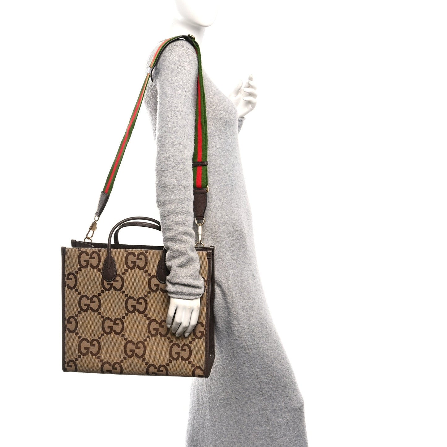Monogram Jumbo GG Textured Dollar Calfskin Web Tote Bag Camel Ebony New Acero