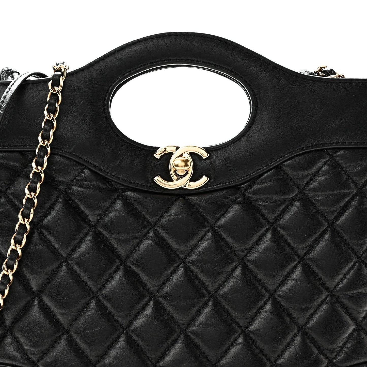 Shiny Crumpled Calfskin Quilted Mini 31 Shopping Bag Black