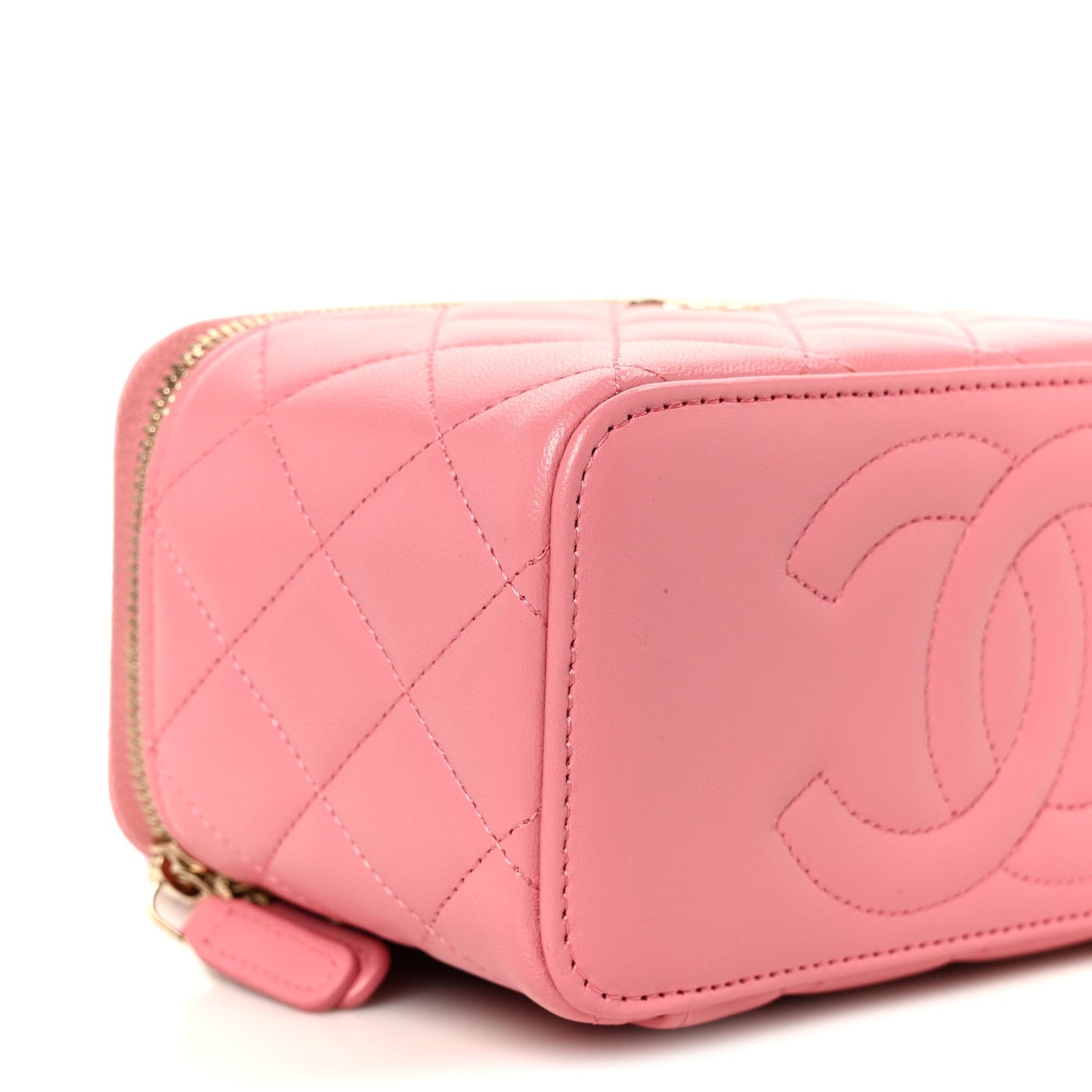 Lambskin Quilted Small Top Handle Vanity Case With Chain Pink
