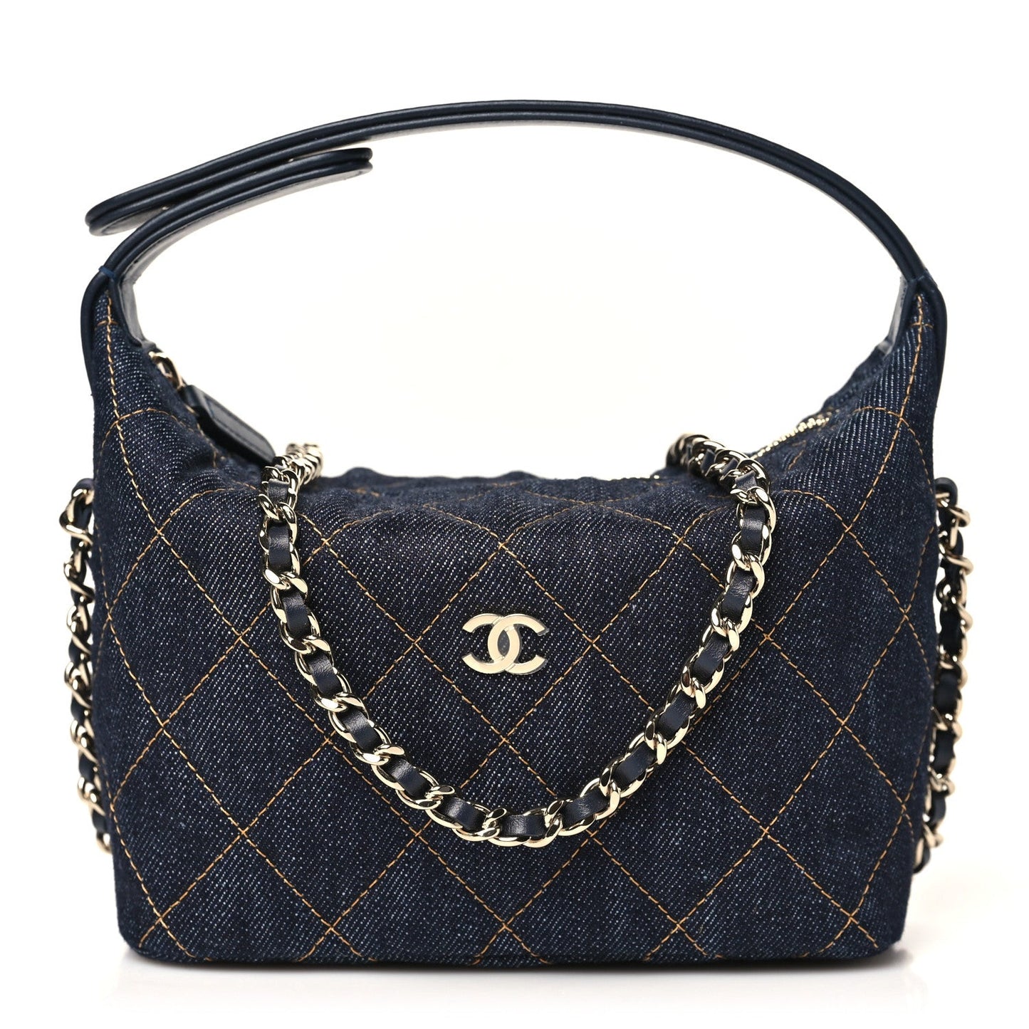 Denim Quilted Hobo Clutch With Chain Dark Blue Orange