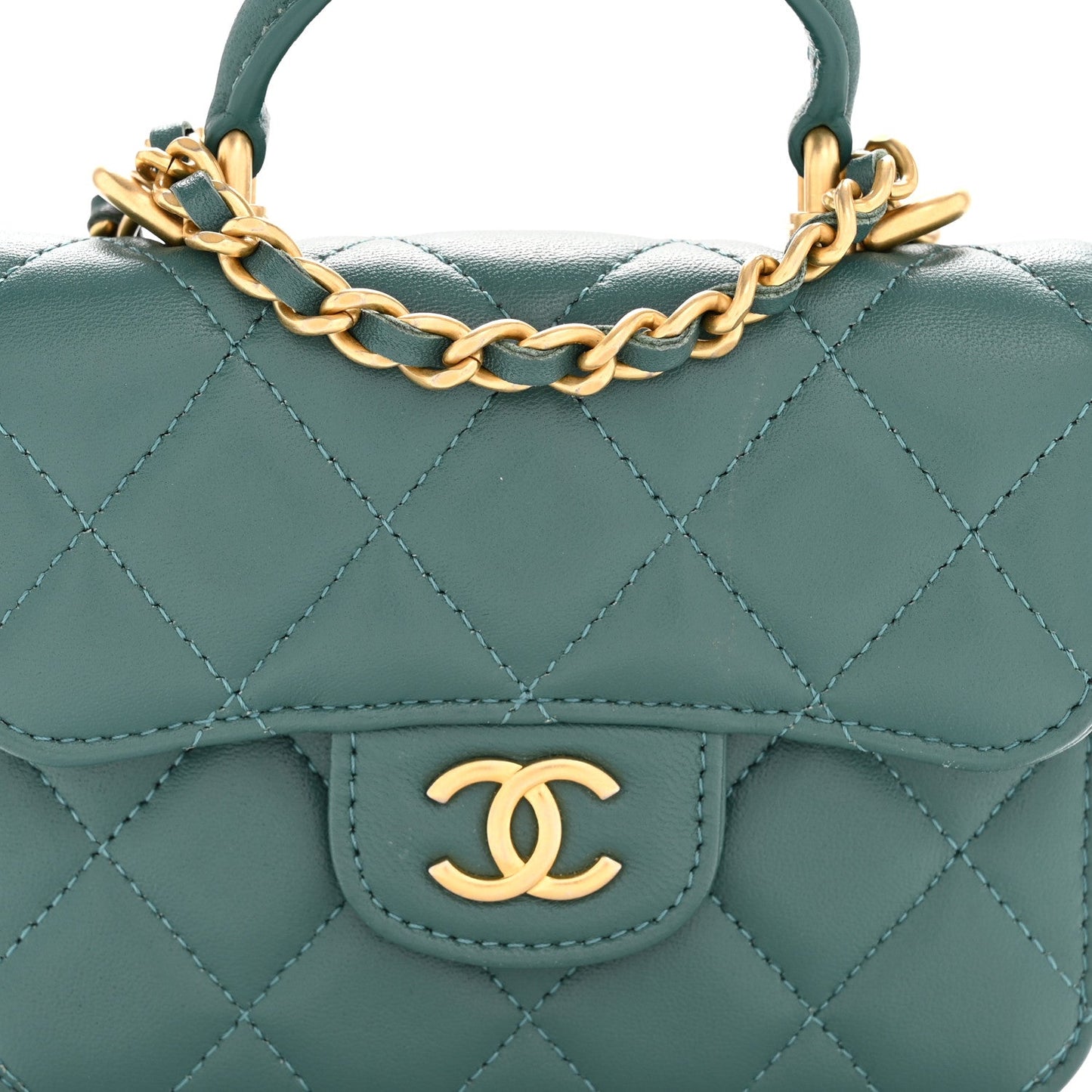 Lambskin Quilted Top Handle Flap Coin Purse With Chain Green