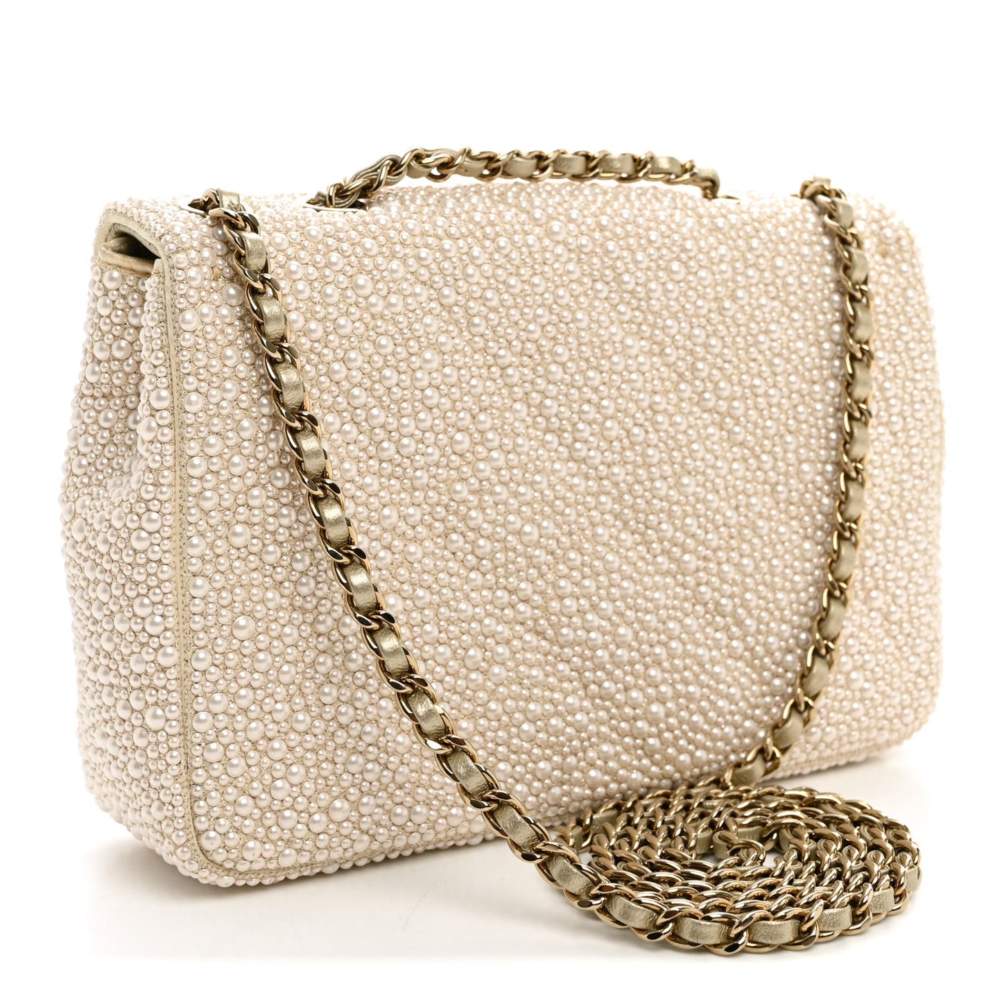 Metallic Lambskin Quilted Pearl Flap Gold White