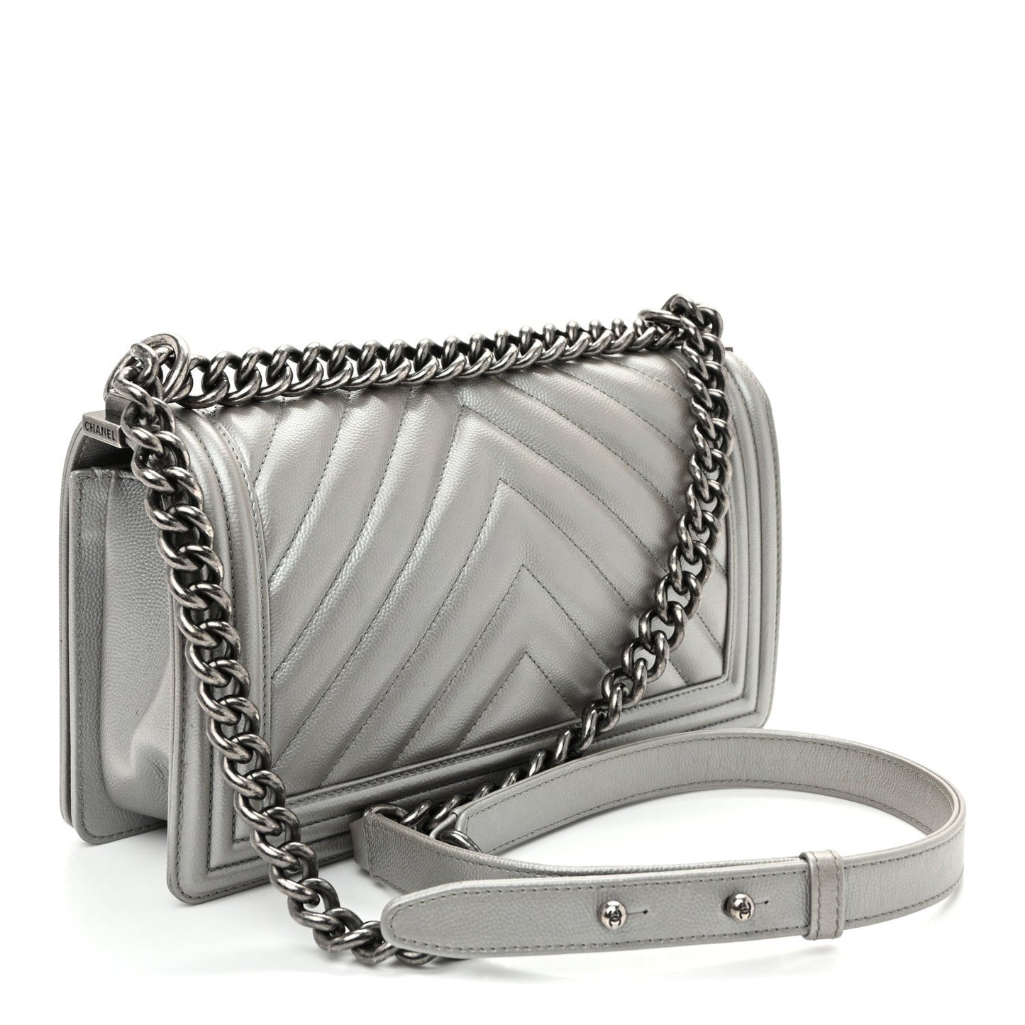 Metallic Caviar Chevron Quilted Medium Boy Flap Silver