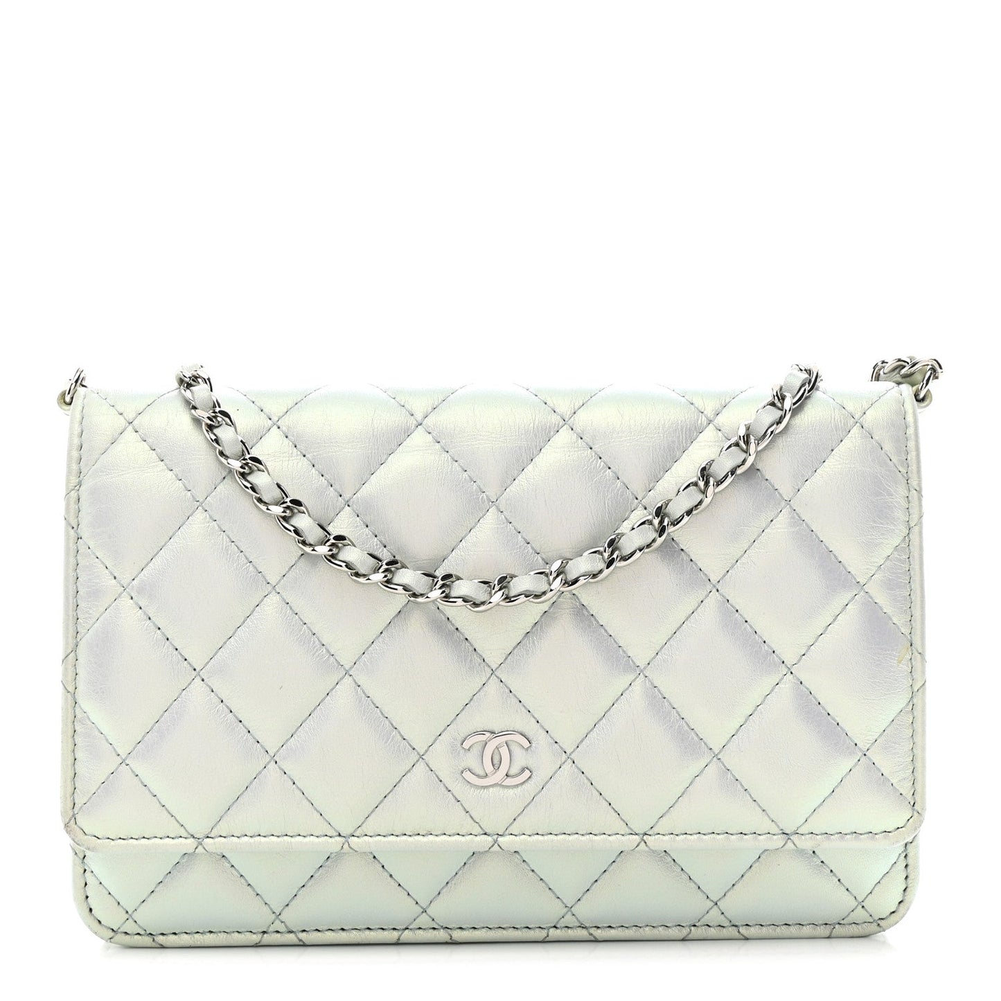 Iridescent Calfskin Quilted Wallet On Chain WOC Light Blue