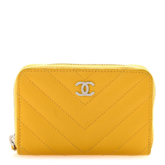 Caviar Chevron Quilted Zip Coin Purse Yellow