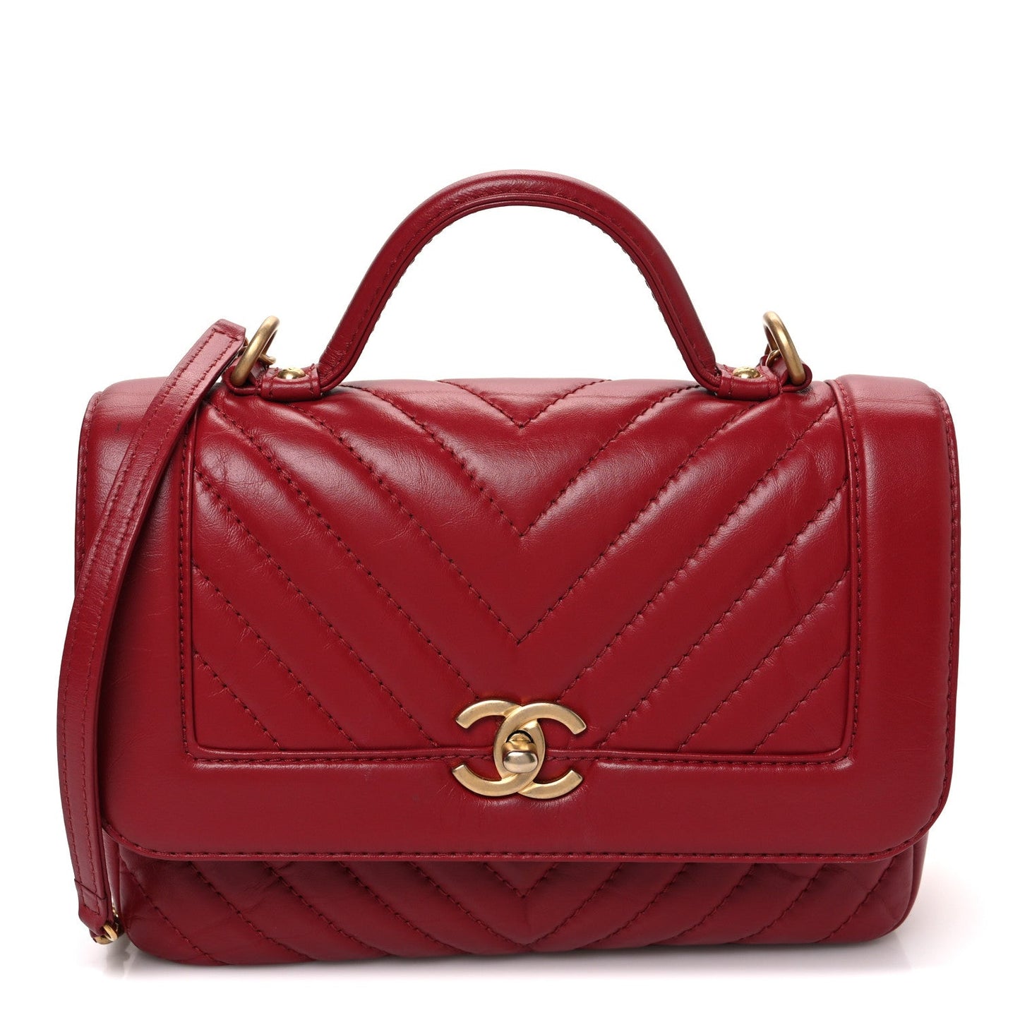Calfskin Chevron Quilted Top Handle Flap Red