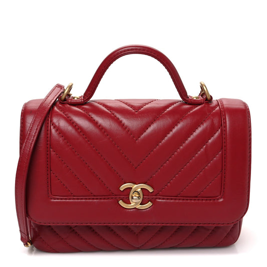 Calfskin Chevron Quilted Top Handle Flap Red