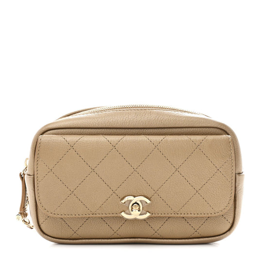 Metallic Calfskin Quilted Waist Bag Gold