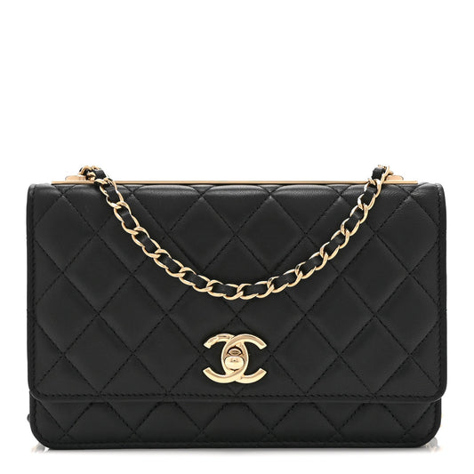 Lambskin Quilted Trendy CC Wallet On Chain WOC Black
