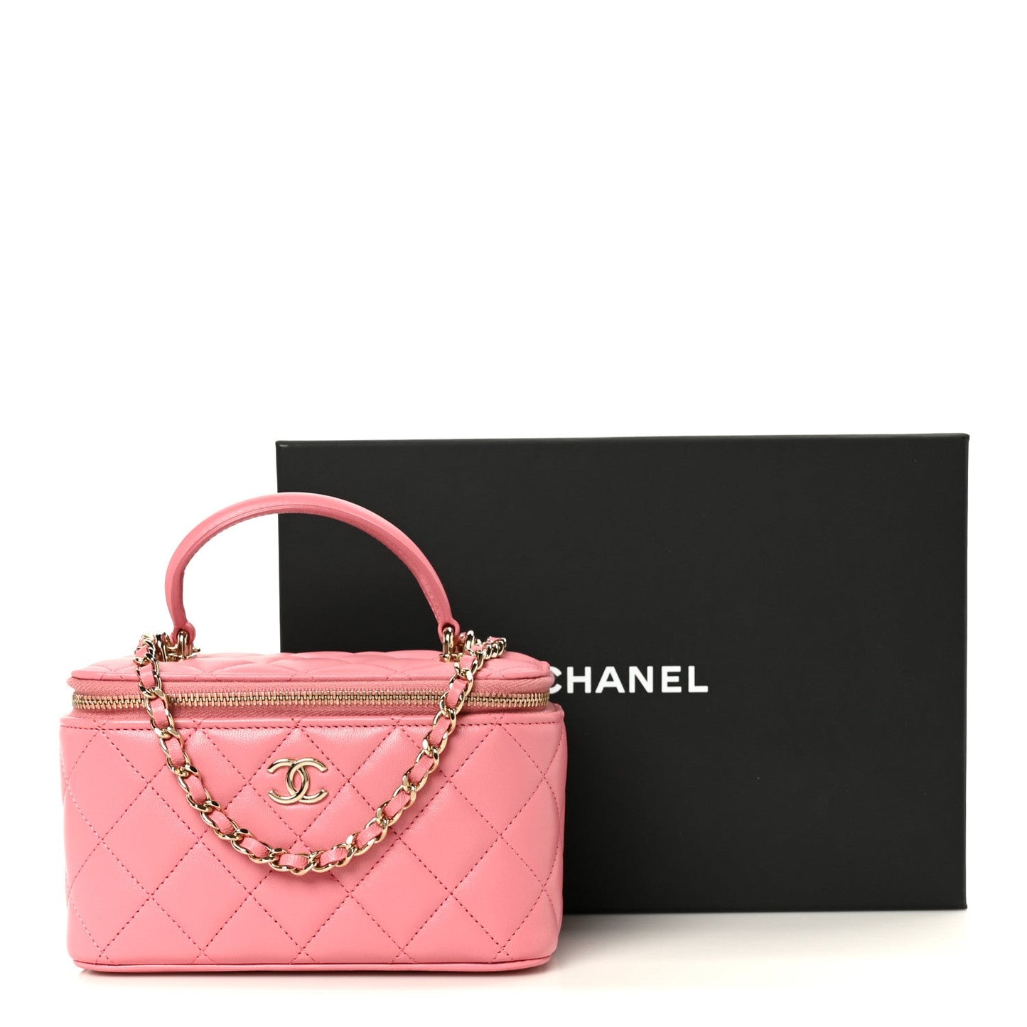 Lambskin Quilted Small Top Handle Vanity Case With Chain Pink