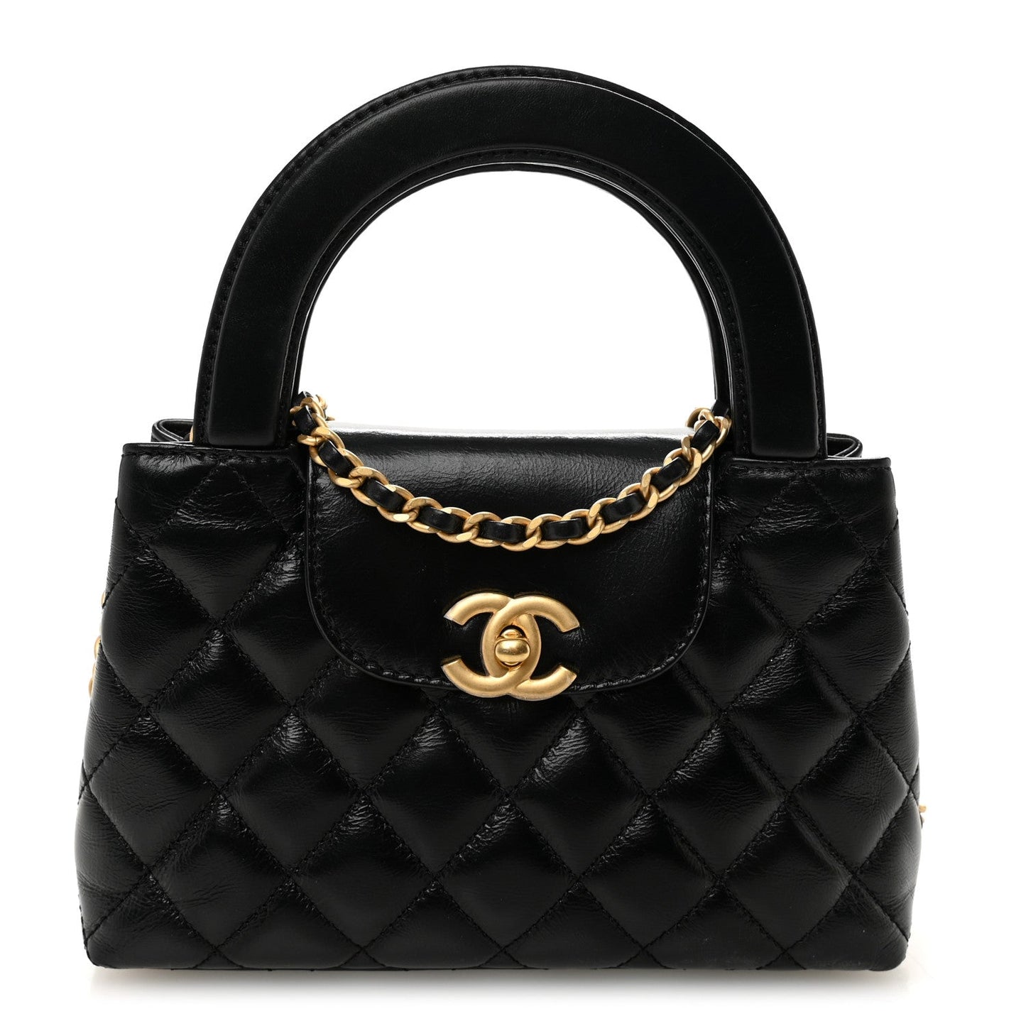 Shiny Aged Calfskin Quilted Nano Kelly Shopper Black