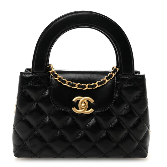 Shiny Aged Calfskin Quilted Nano Kelly Shopper Black