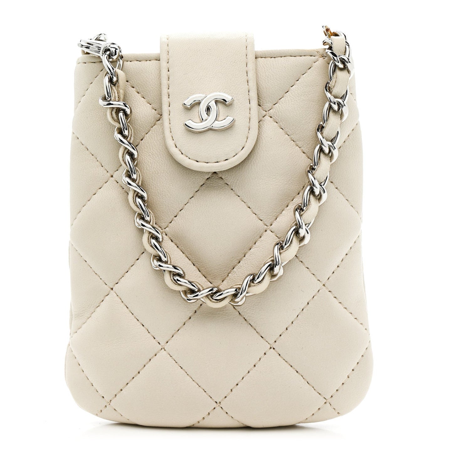 Lambskin Quilted Phone Holder On Chain White