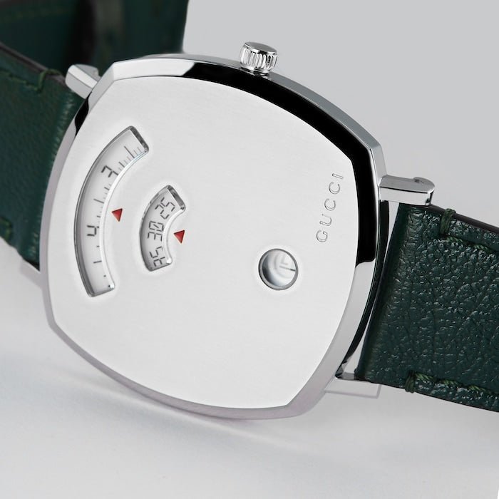 Gucci Grip Quartz Silver Dial Green Leather Strap Unisex Watch - YA157406