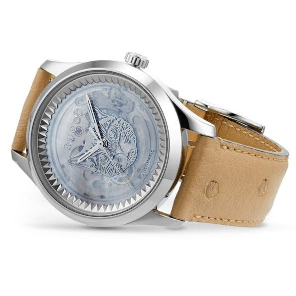 Gucci G Timeless Automatic Mother of Pearl Dial Brown Leather Strap Watch For Women - YA1264112